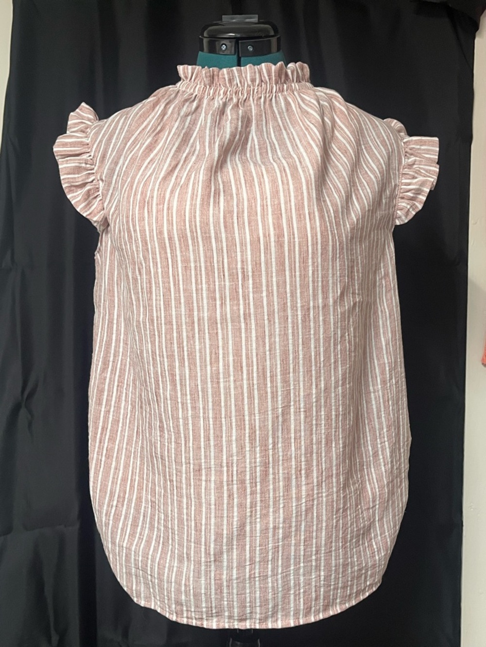 Striped Pink Ruffle Sleeve Mock Neck Top
